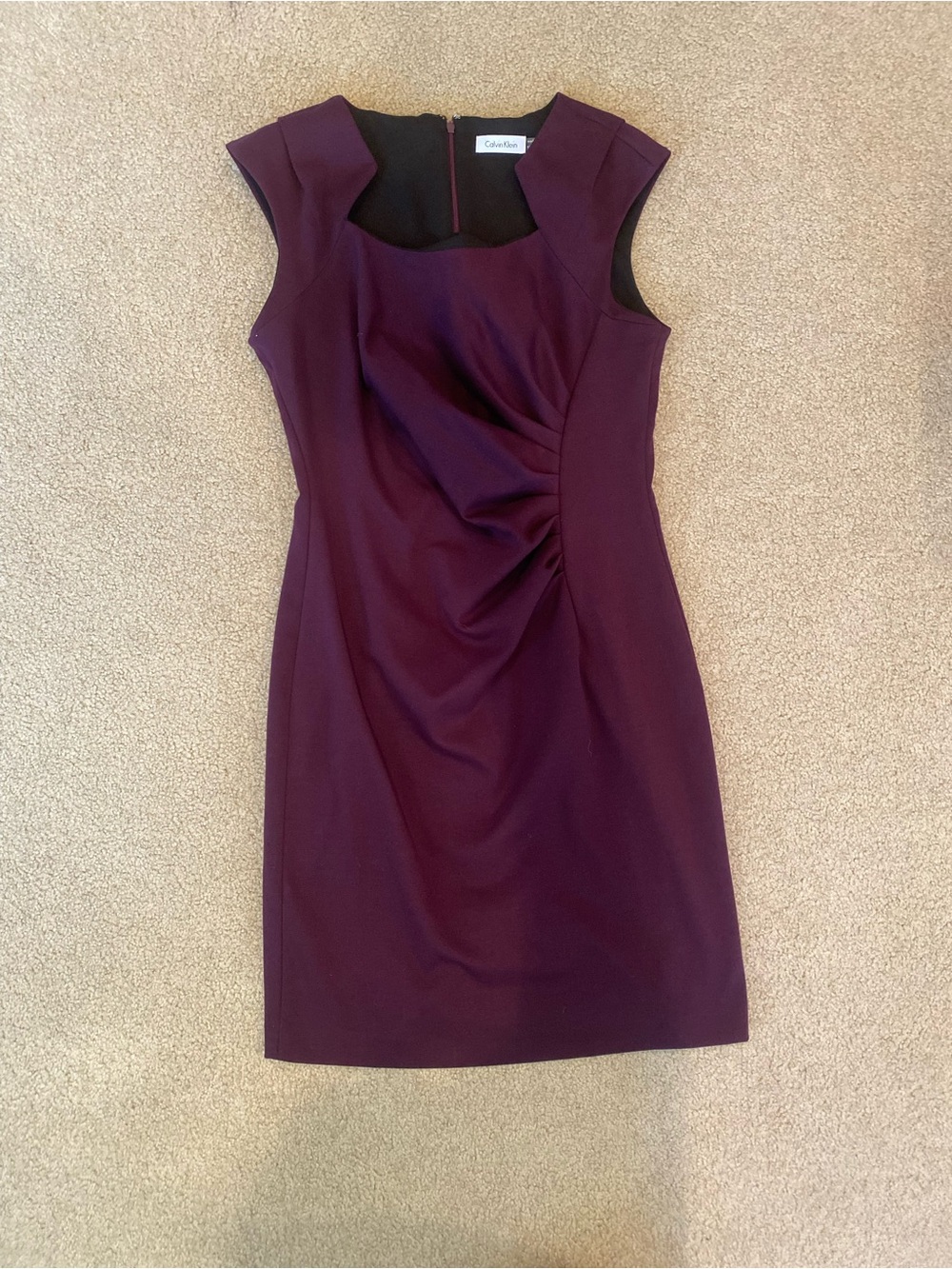 Calvin Klein Purple Solid Sheath Dress Square Neck Ruched Knee Length Size 10